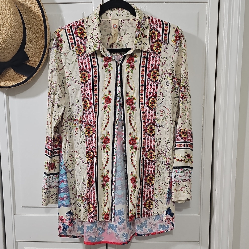 Cyrena Floral Boho Button-Up Blouse in Cream with Pink & Blue Accents